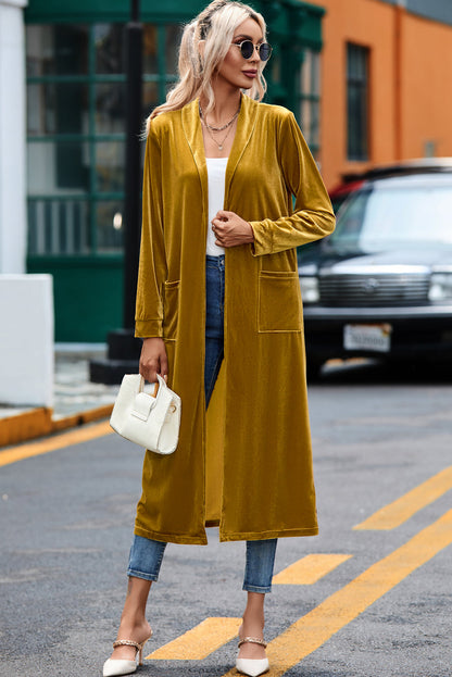 Velvet Open-Front Pocketed Cardigan