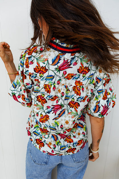 Floral V-Neck Puff Sleeve Blouse