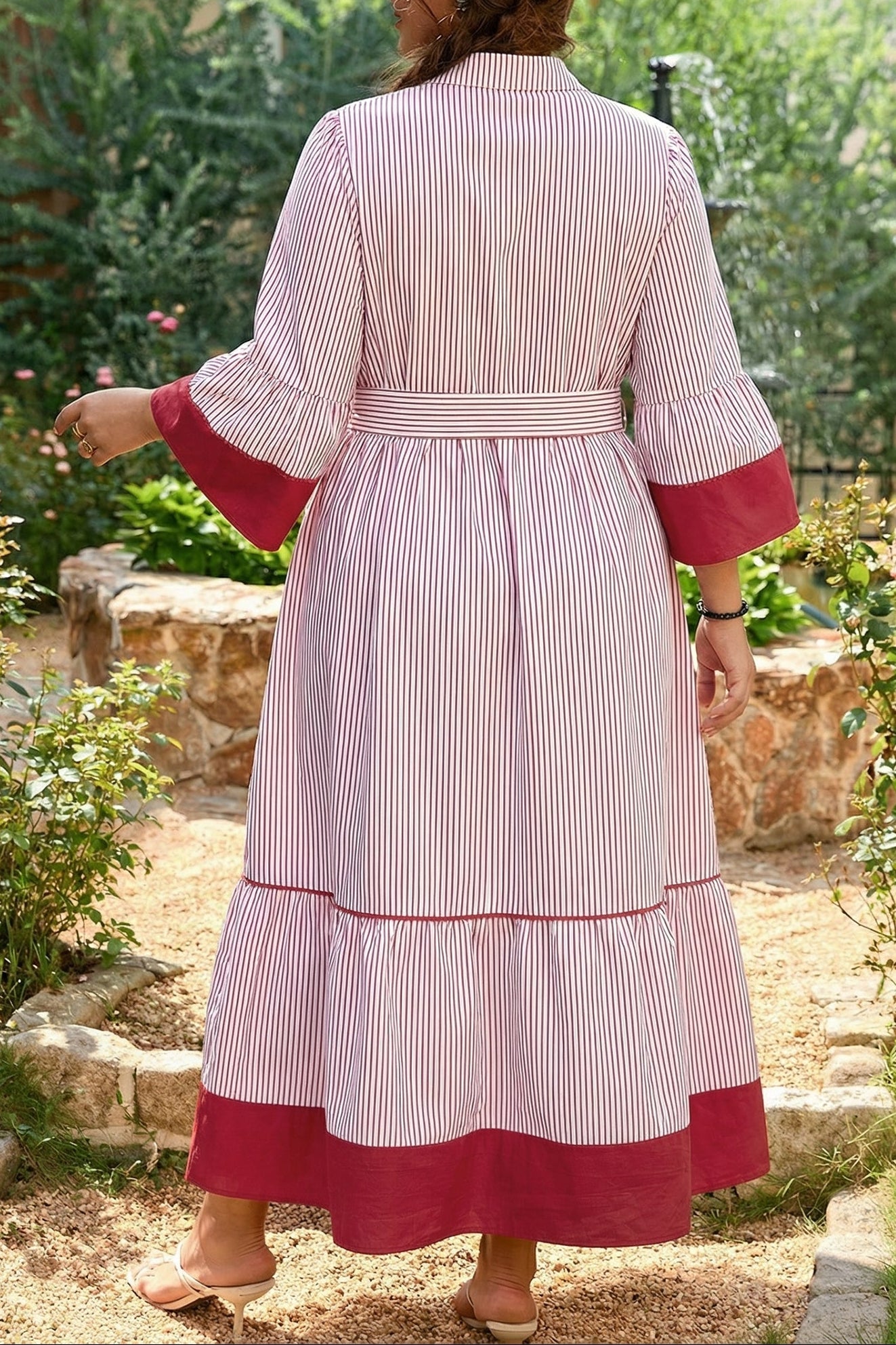 Plus Size Pinstripe Ruffle Hem Midi Dress