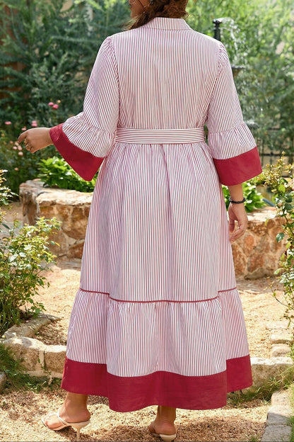 Plus Size Pinstripe Ruffle Hem Midi Dress