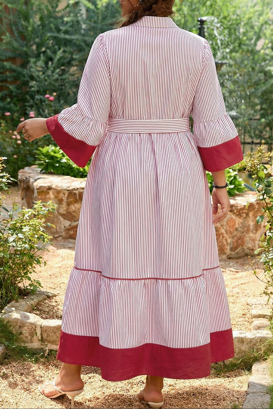 Plus Size Pinstripe Ruffle Hem Midi Dress