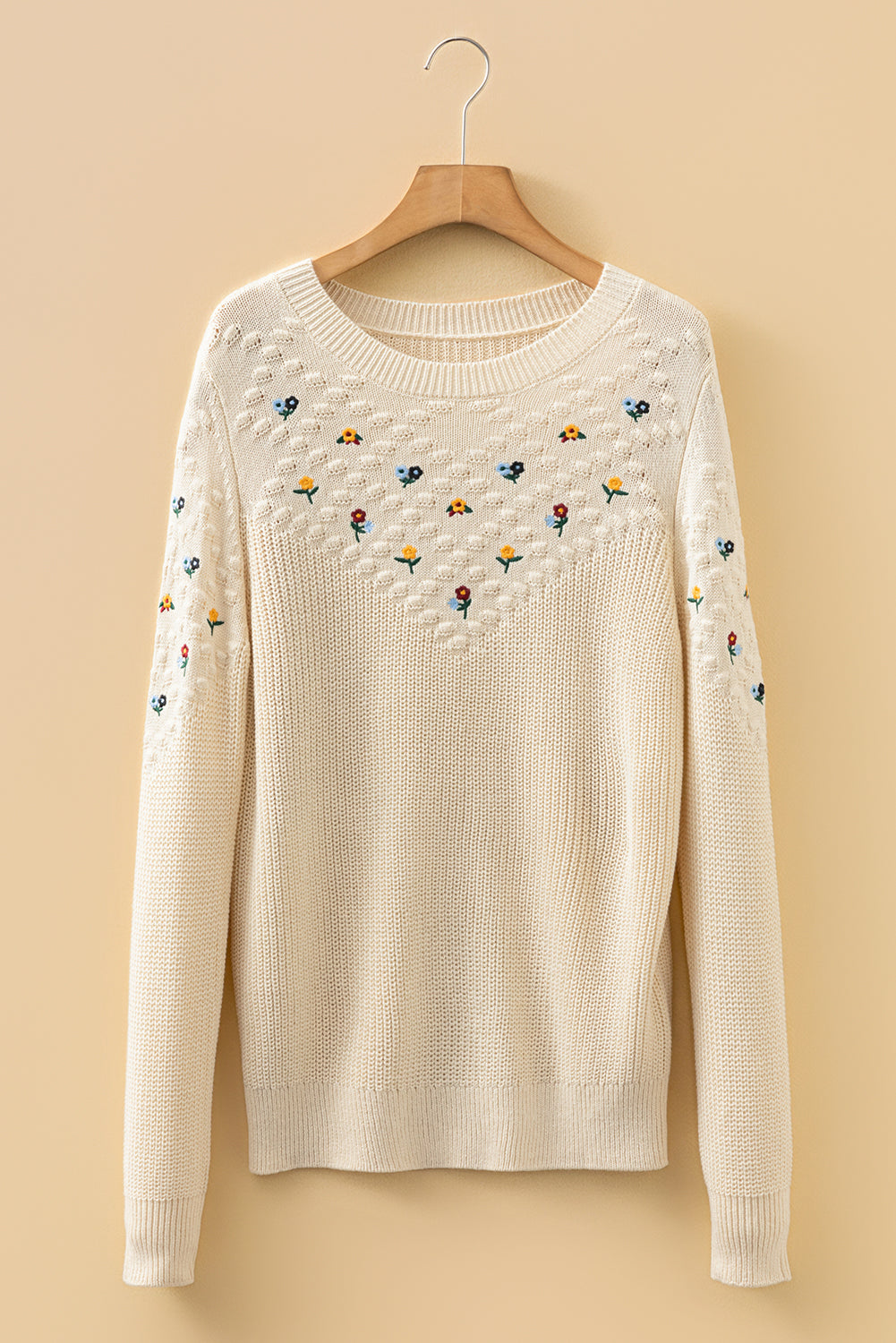 Embroidered Mixed Texture Knit Casual Sweater