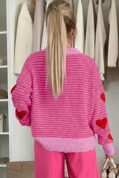Valentine Heart Stripe Drop Shoulder Sweater