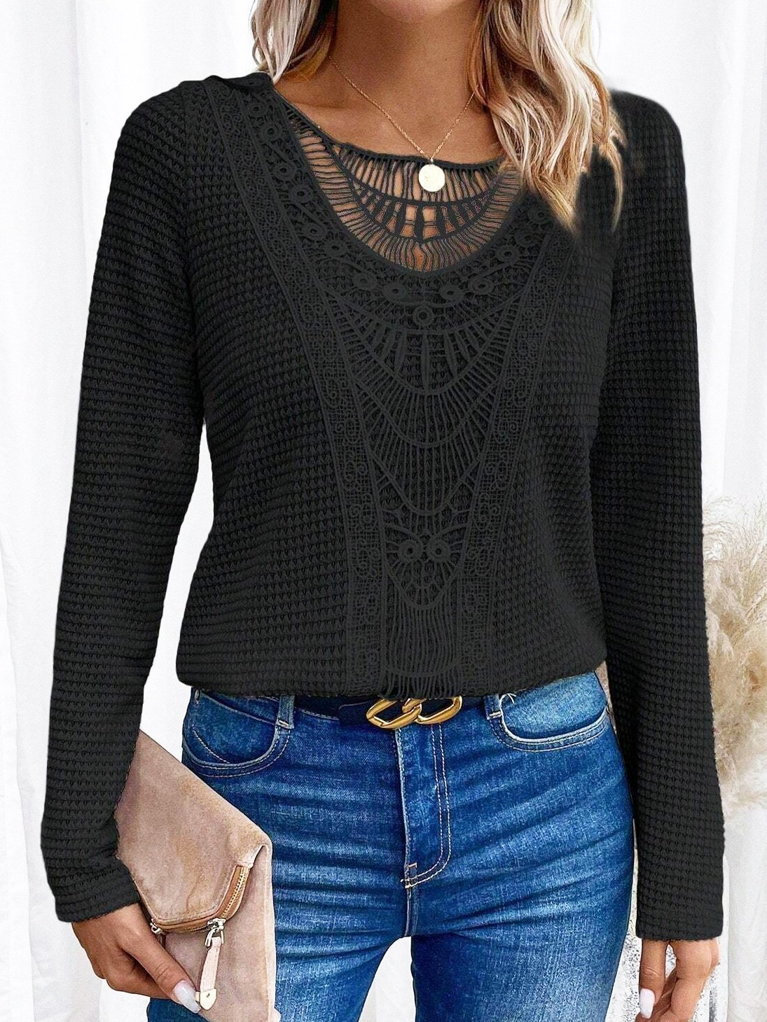 Lace Patchwork Round Neck Women's Long-sleeved T-shirt