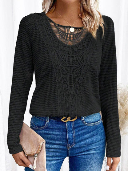 Lace Patchwork Round Neck Women's Long-sleeved T-shirt