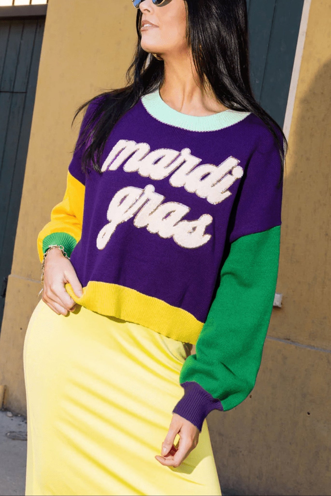 Colorblock Patchwork Fuzzy Mardi Gras Graphic Sweater