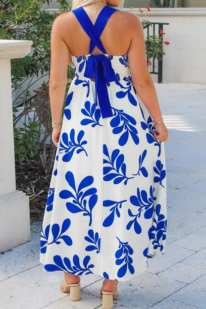 Floral Crisscross Tie-Back Sleeveless Long Dres