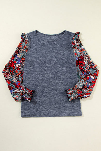 Floral Patchwork Ruffle Tiered Sleeve Crewneck Blouse