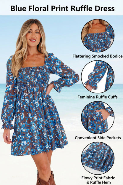 Floral Smocked Bodice Ruffle Sleeve Dress