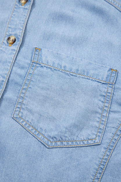 Half Sleeve Ruffle High-Low Chambray Shirt