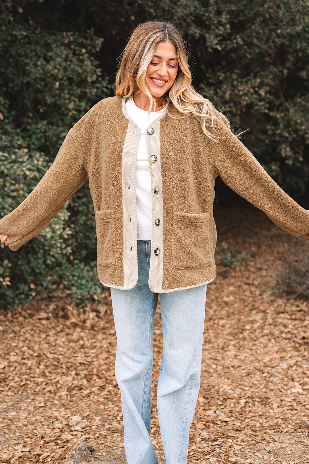 Fleece Corduroy Patchwork Button Up Jacket