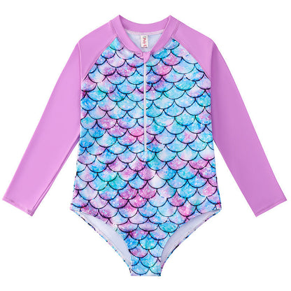 Children's Mermaid Scale One-Piece Swimsuit with Long Sleeves
