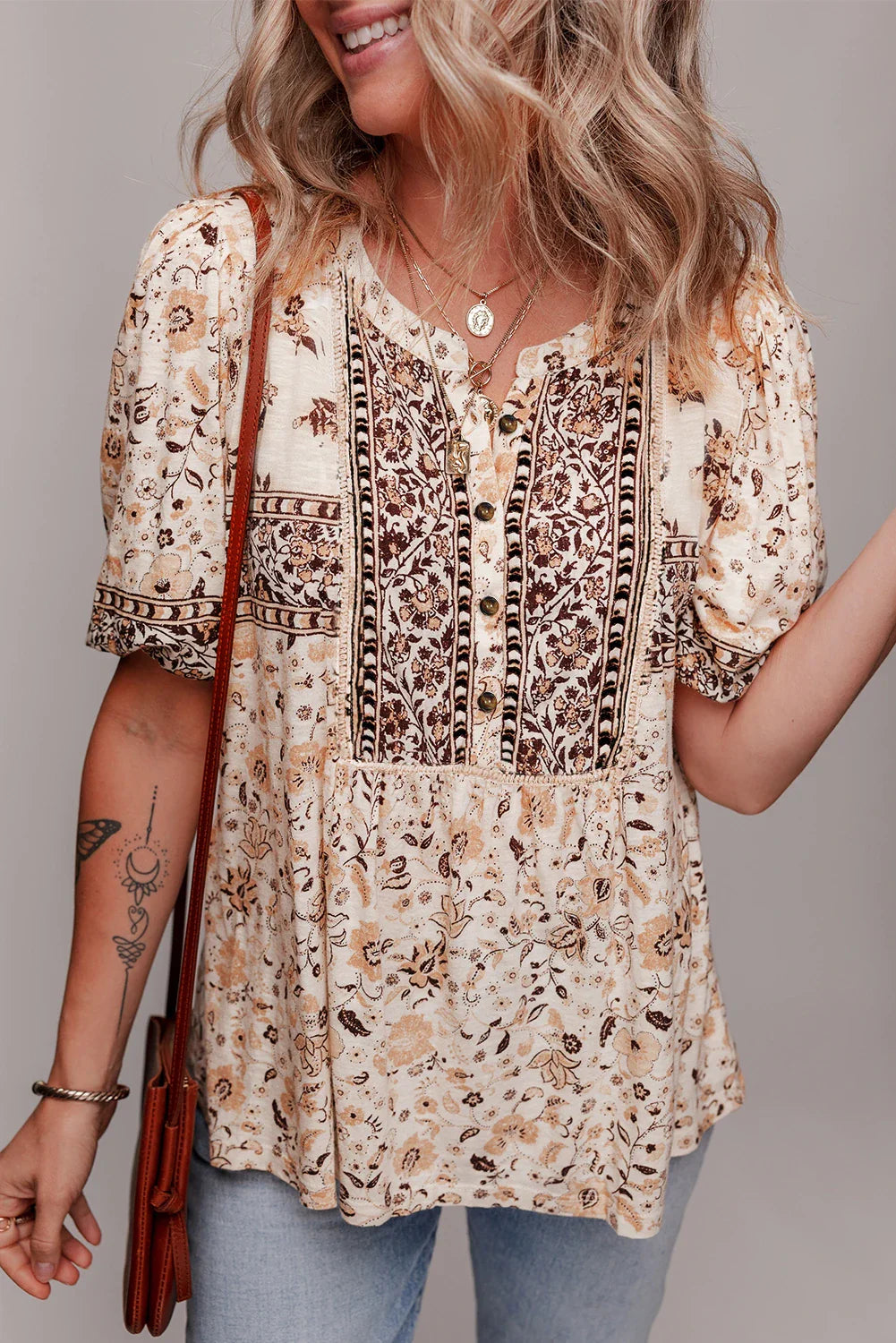 Boho Floral Half Placket Short Sleeve Blouse