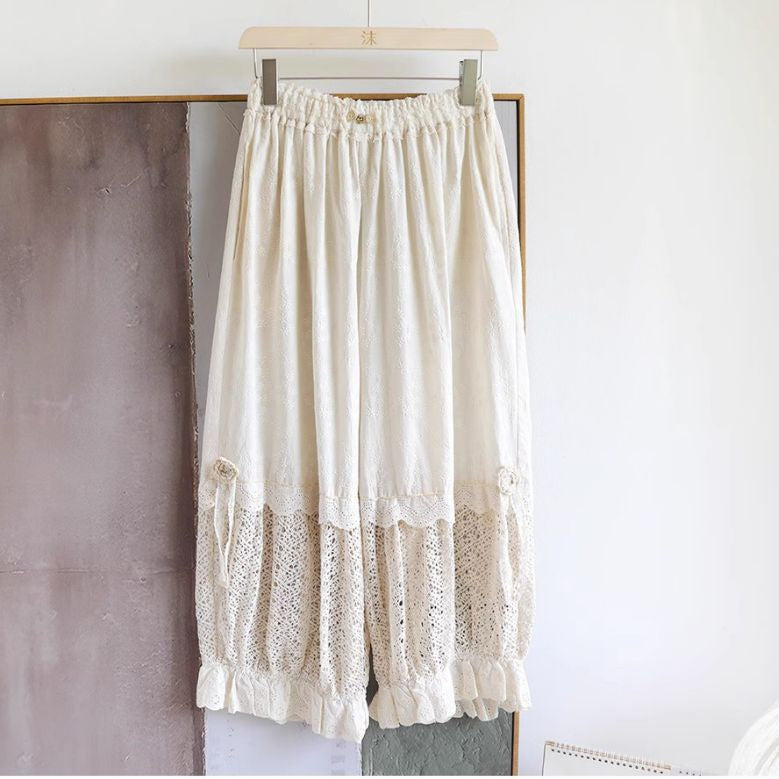 Forest Style Fully Hollowed Out Embroidered Patchwork Lantern Pants