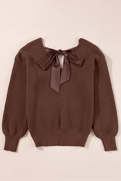 Bow Back Lantern Sleeve V-Neck Sweater