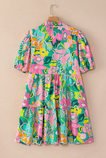 Floral Puff Sleeve Buttoned Collar Babydoll Dress