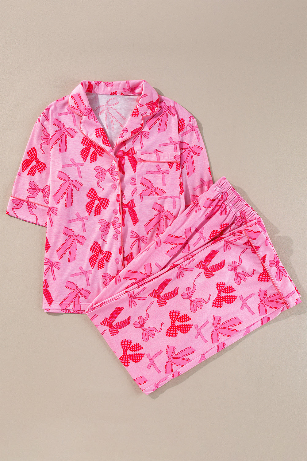 Bow Knot Lapel Collar Top & Pants Set