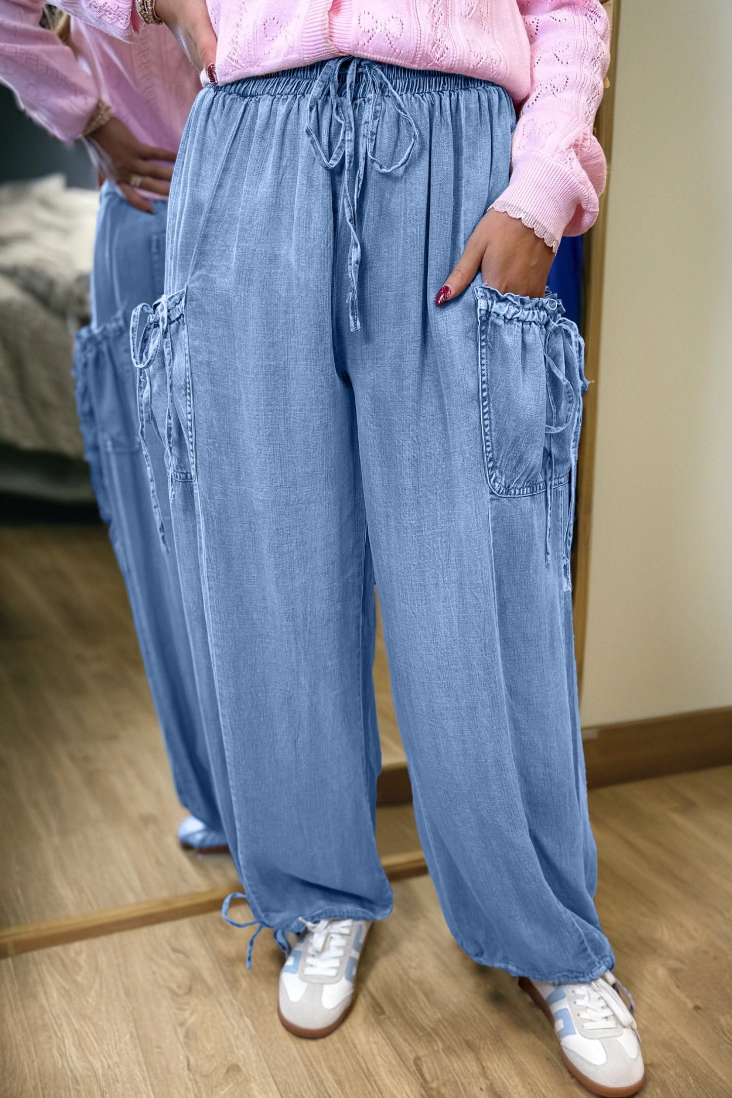 Drawstring Elastic-Waist Pocket Loose Denim Pants