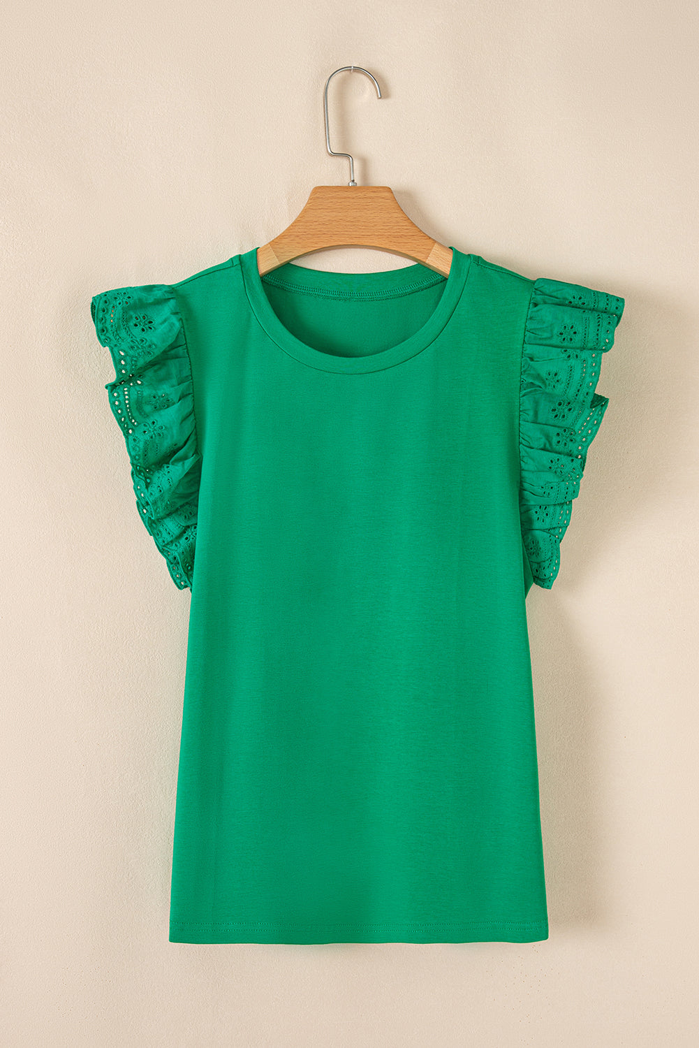 Embroidered Ruffle Sleeve Crew Neck Top