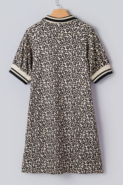 Leopard Zip Neck Stripe Webbing Patchwork Mini Dress