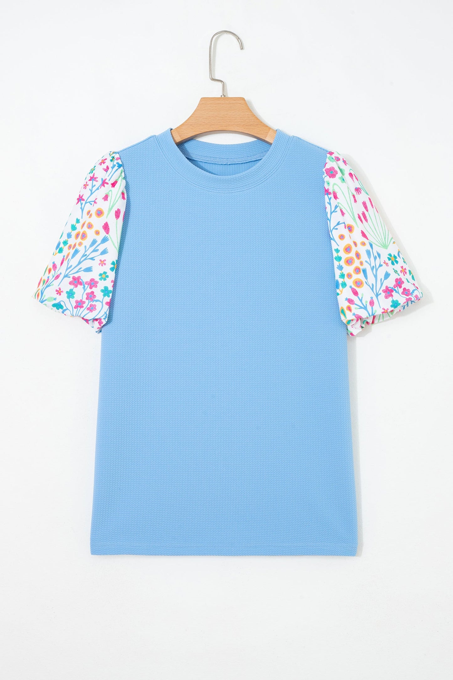 Floral Round Neck Textured Contrast Bubble Blouse