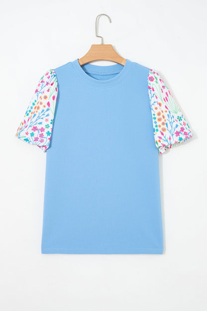 Floral Round Neck Textured Contrast Bubble Blouse