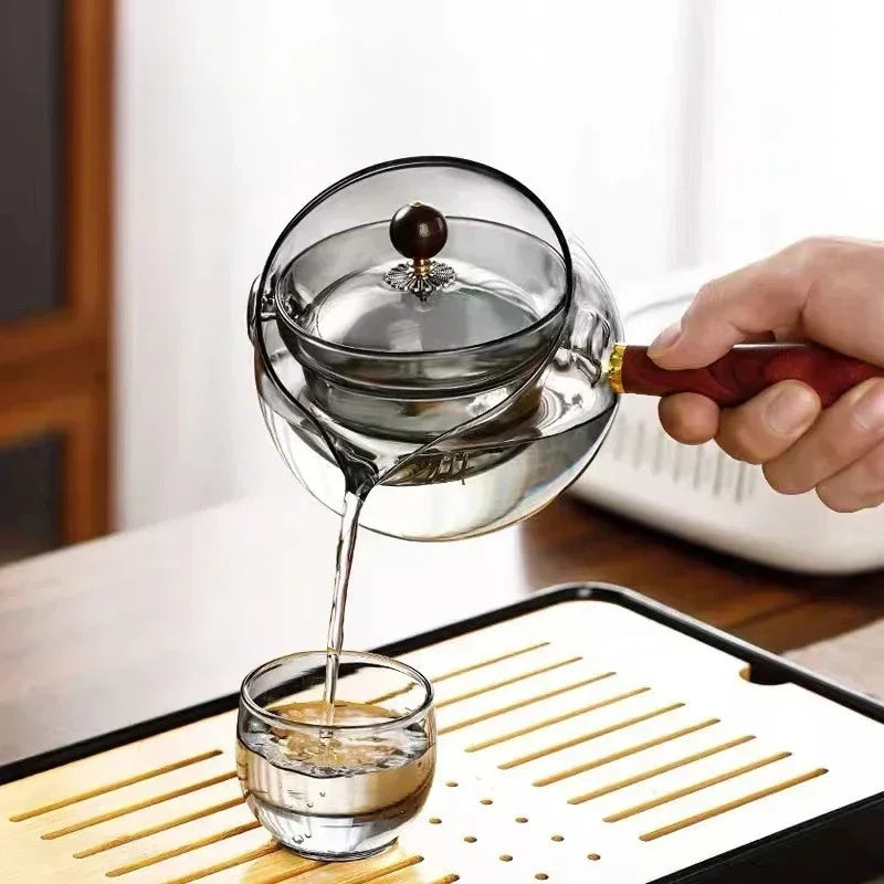 Rotary Glass Teapot with Infuser and Wooden Handle