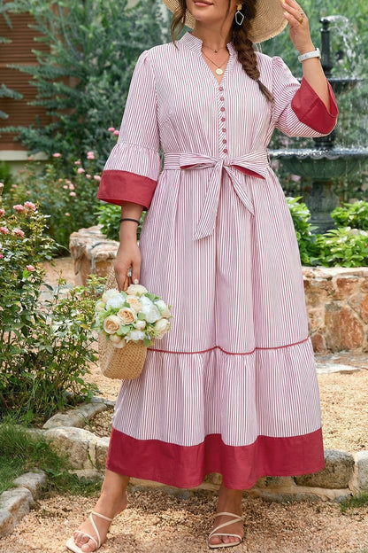 Plus Size Pinstripe Ruffle Hem Midi Dress