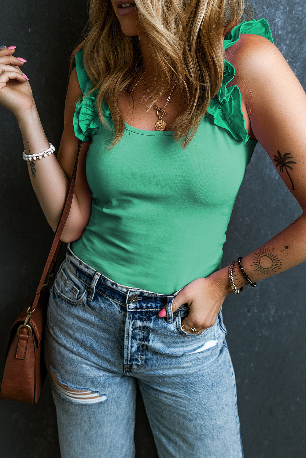 Ruffle Wide Straps Slim Tank Top