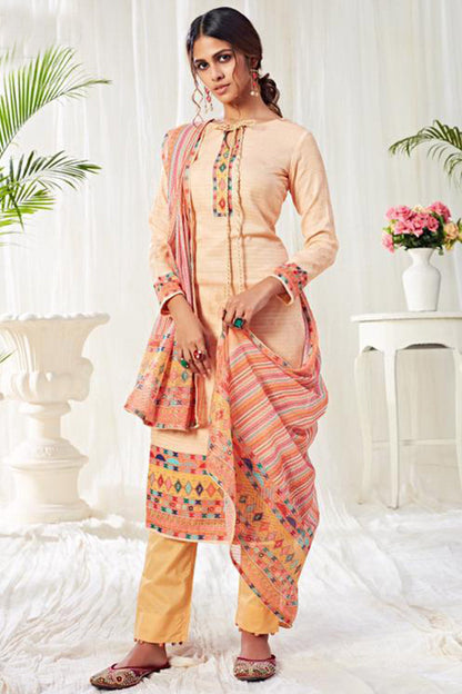 Peach Printed Cotton Suit Set with Mustard Pant & Multicolor Dupatta