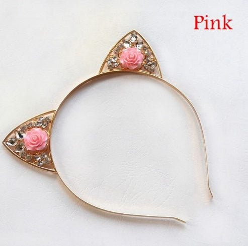 Alloy Diamond Rose Cat Ears Headband