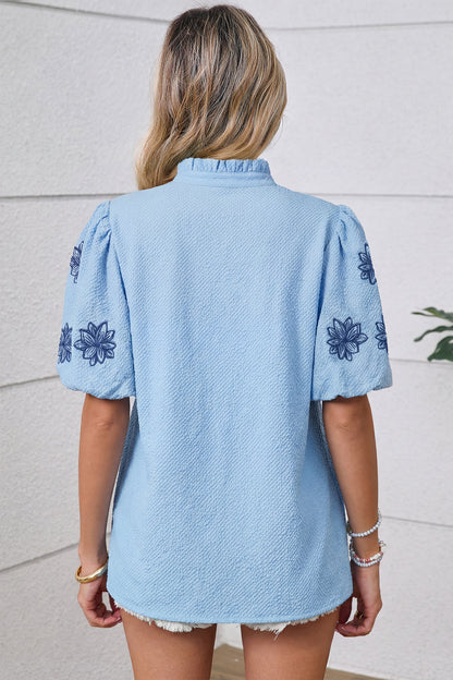 Flower Embroider Puff Sleeve Split Neck Blouse