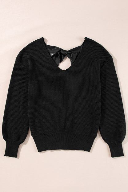 Bow Back Lantern Sleeve V-Neck Sweater