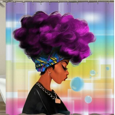 3D Afro Girl Shower Curtain Blue Hair
