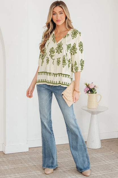 Tie V-Neck Puffy Half Sleeve Shirt