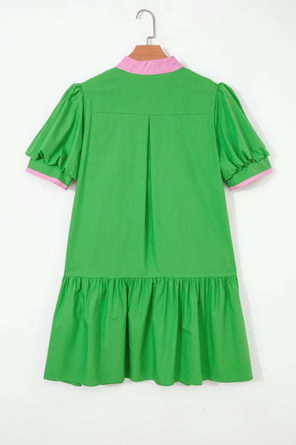 Color Block Split Neck Puff Sleeve Mini Dress