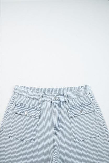 Stripe Denim Button Flap Pocket Cuffed Hem Jeans
