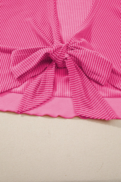 Spiral Ribbed Cutout Bow Knot Back T-Shirt