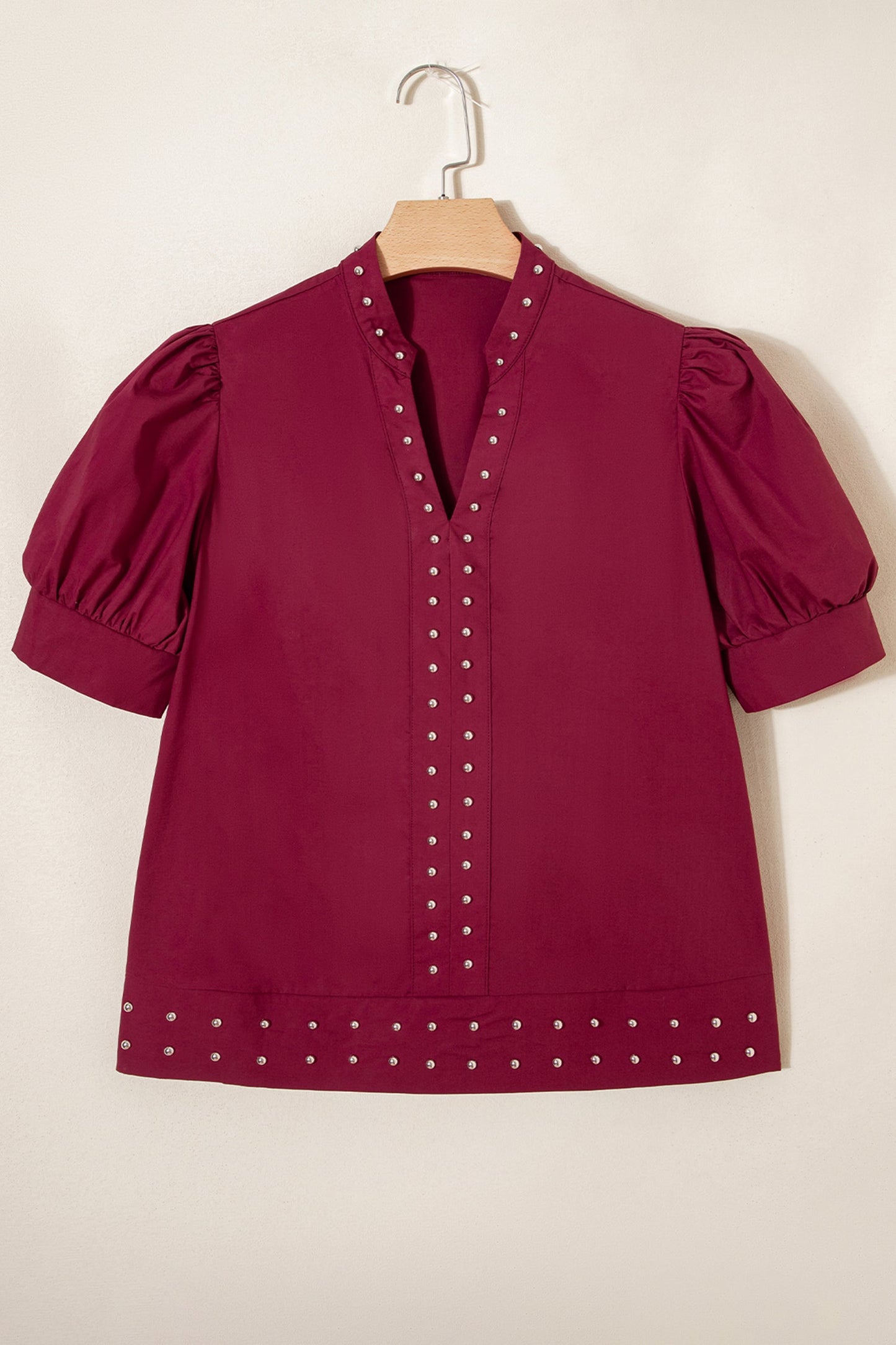 Rivet Embellish V-Neck Short Puff Blouse