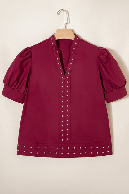 Rivet Embellish V-Neck Short Puff Blouse