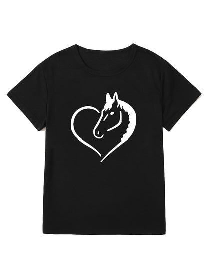 Heart Horse Pattern Printed Shoulder Short Sleeve