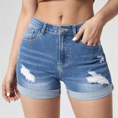 Holes Curling High Waist Denim Shorts