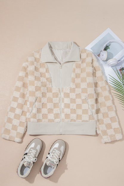 Checker Sherpa Corduroy Patchwork Zip-Up Jacket