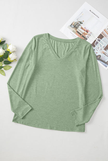 Solid Color V-Neck Long Sleeve Stretchy Top