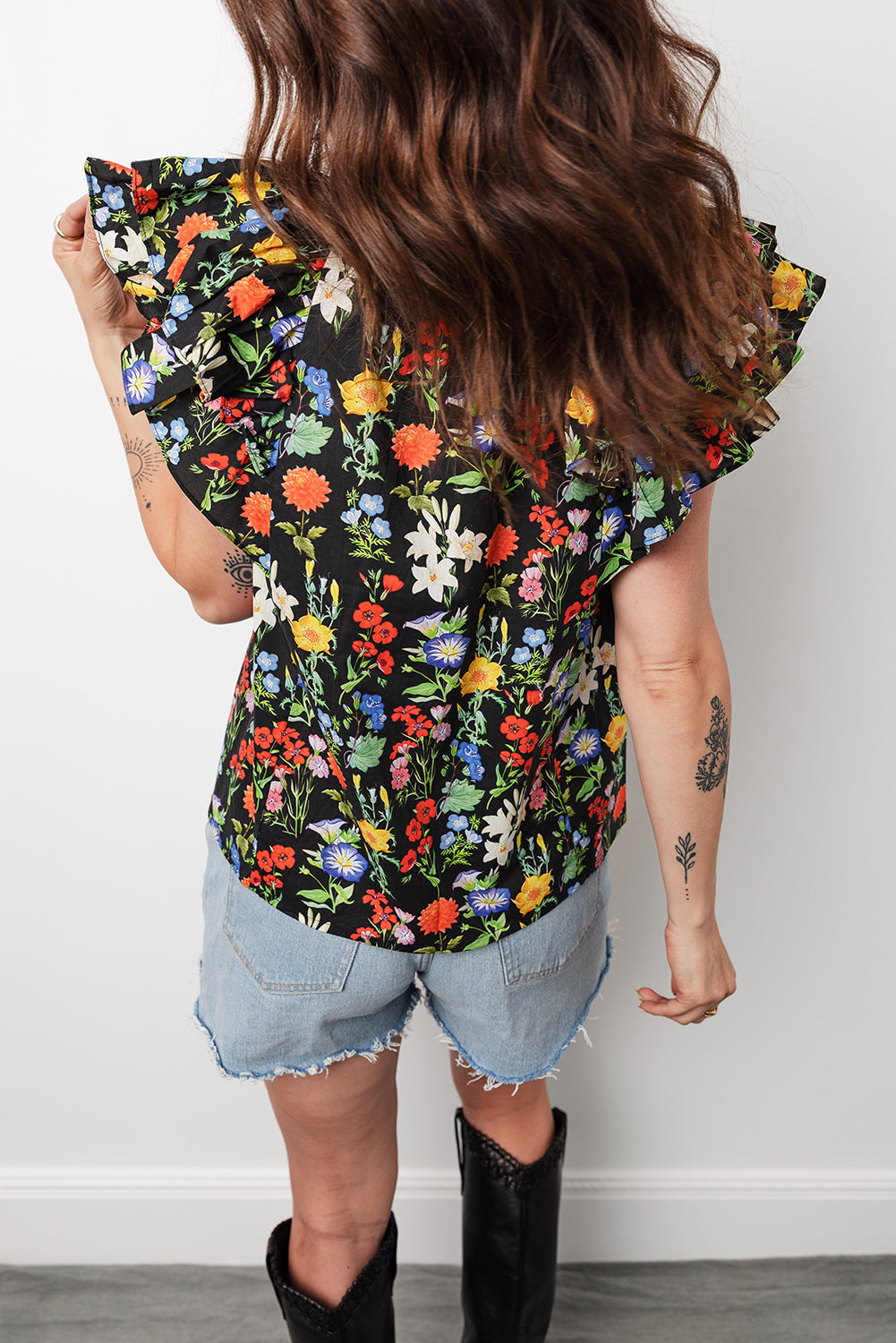 Tiered Flutter Sleeve V-Neck Flower Blouse