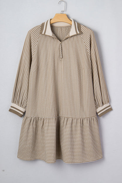 Plus Size Stripe Zip-Up Collared Mini Dress
