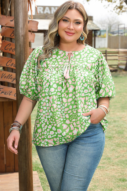 Plus Size Floral Tassel Tie Sleeve Blouse