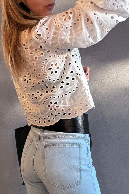Eyelet Embroidered Puff Sleeve Cropped Shirt