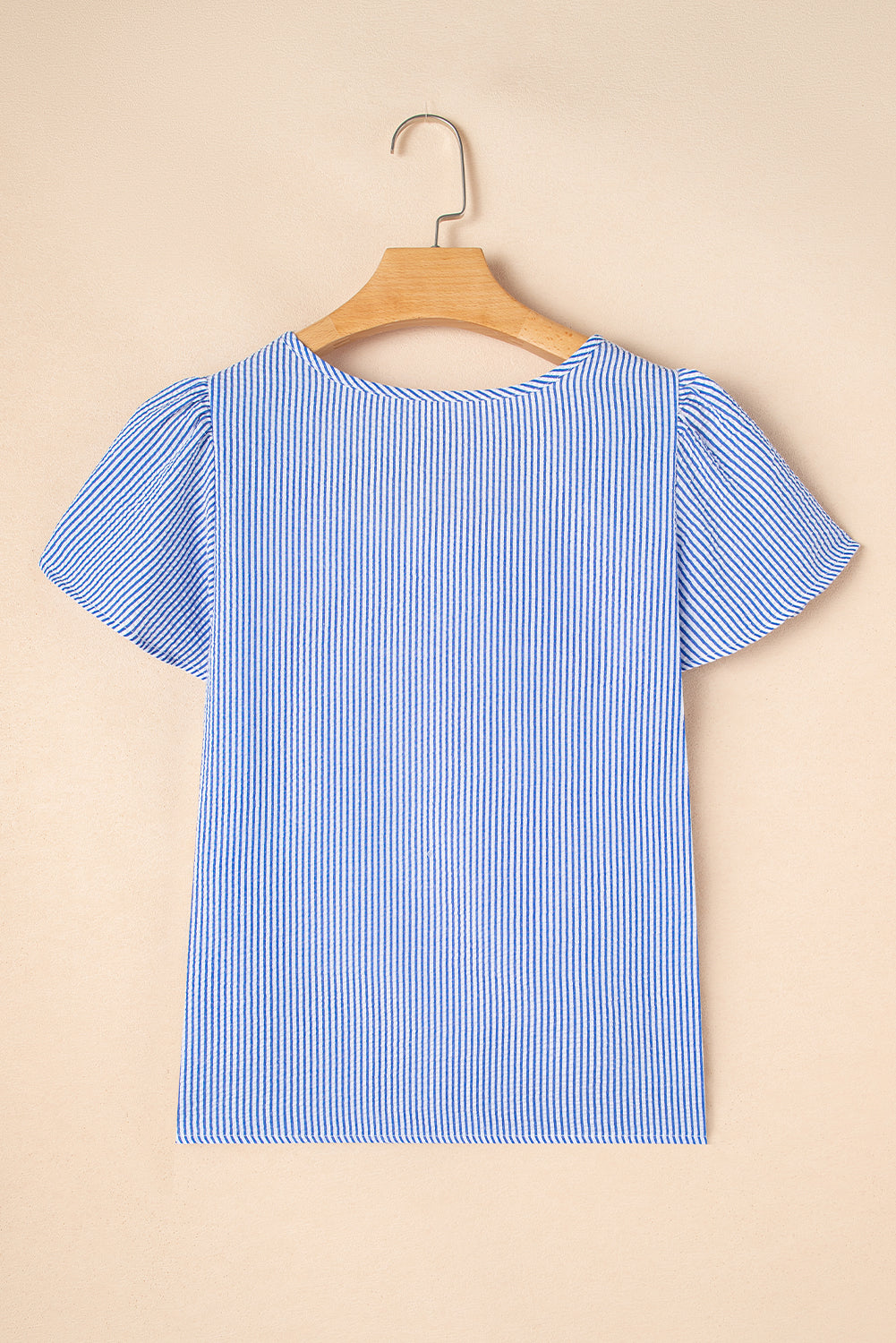 Stripe Textured Ruffle Short Sleeve Square Blouse