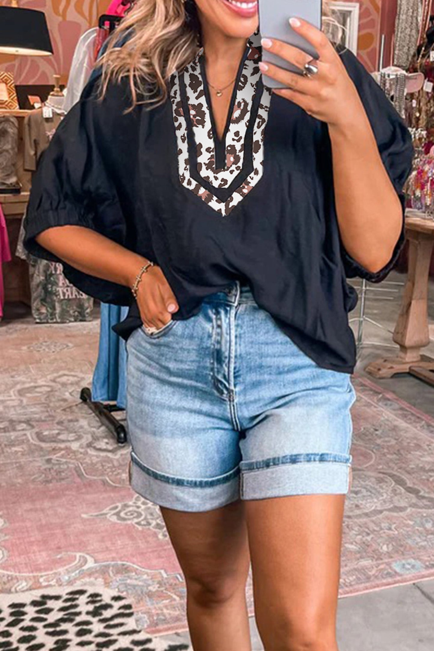 Dolman Half Sleeve Leopard Patchwork V-Neck Blouse